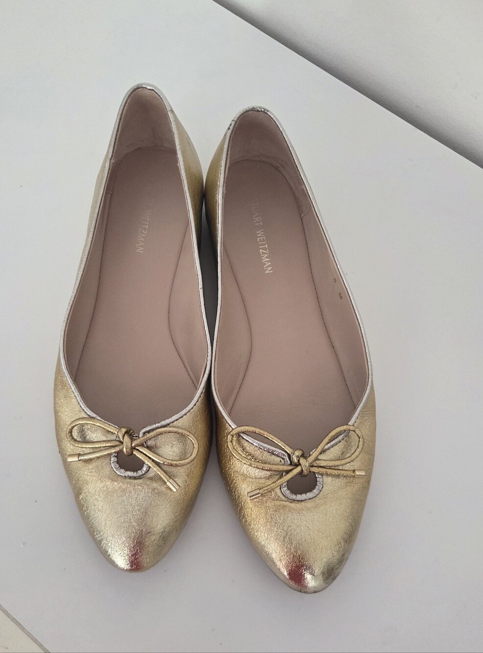 Stuart Weitzman Metallic Gold Pointed Toe Ballet Flats with Bow